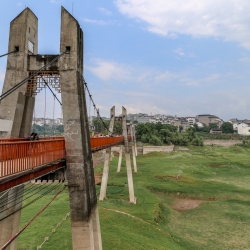 The drunken bridge spans a field below that is usually covered in 30 feet of water.