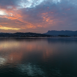 Sunrise on the 3 Gorges Dam. The main resivoir is suprisingly small. BUT the waterlevel of the river in the gorge has risen over 360 ft spanning 410 miles.