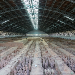 Emperor Qin's Terracotta Army. 210 BC, 8,000+ soldiers, horses, chariots, cavalry in 3 huge covered pits.